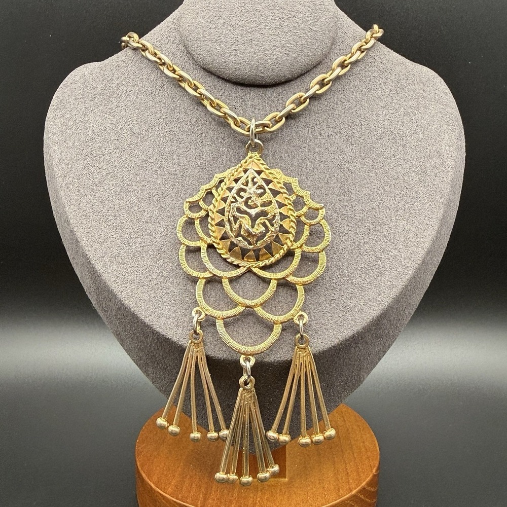 Vintage Lisner Egyptian Revival Gold Tone Statement Necklace Tassel Pendant 25"